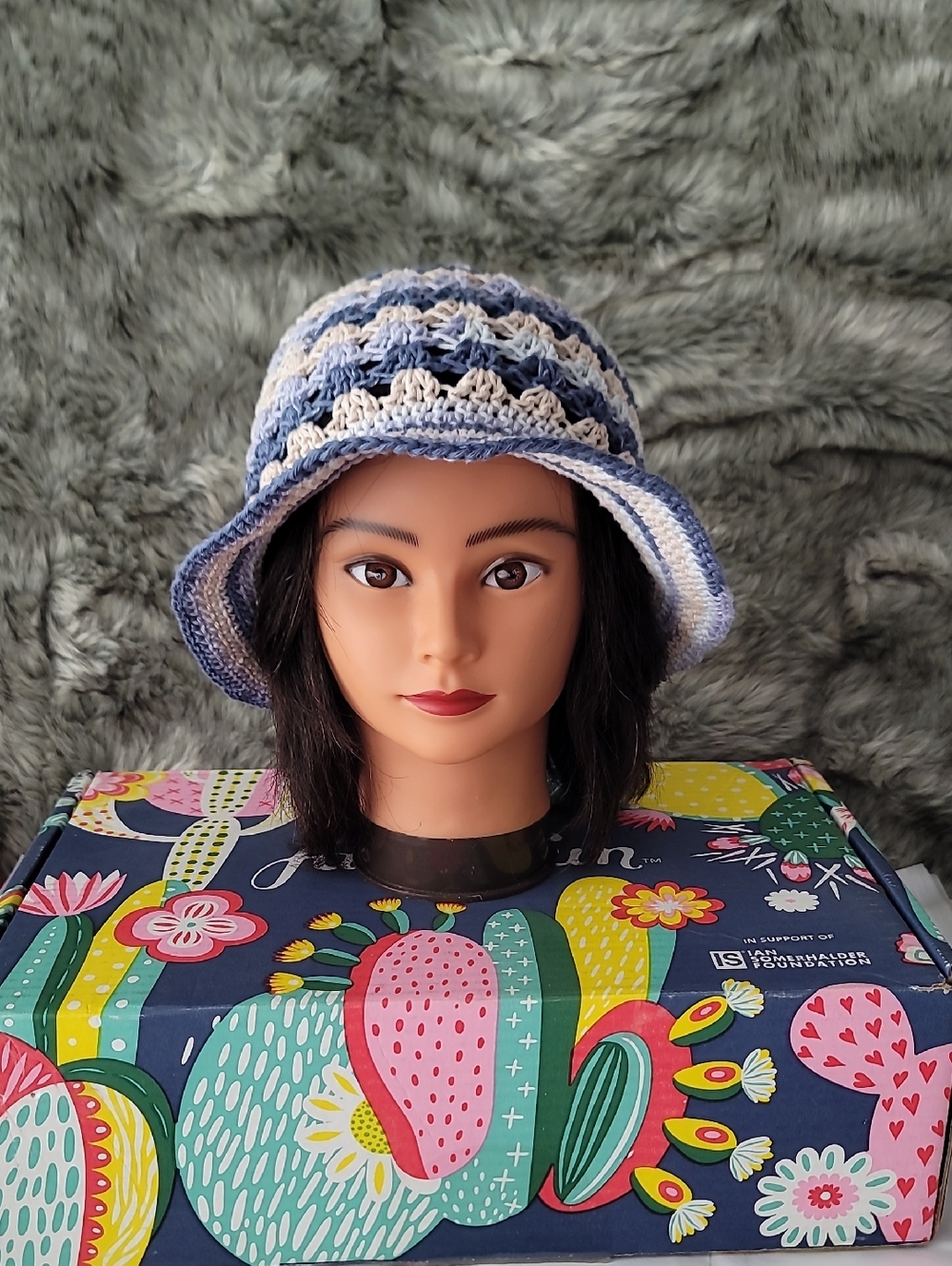 Hancrafted Blue and White Crochet Bucket Hat for Women